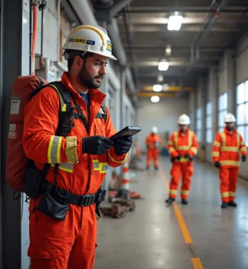 Industrial emergency responder in orange coveralls checking a tablet inside a plant