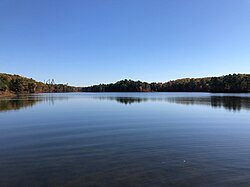 jackson township, autumn view east from the northwest shore of prospertown lake in jackson township ocean county new jersey