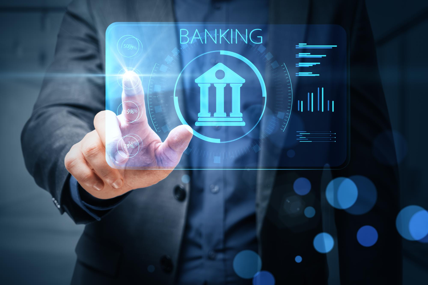 Business professional accessing digital banking safety interface on touchscreen