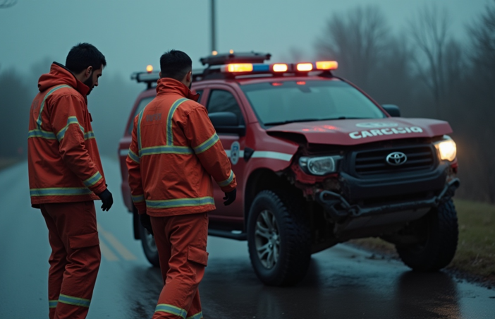 Rescue workers in reflective gear inspecting a damaged emergency response vehicle on a foggy road.