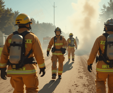 Firefighters in full protective gear walking through a smoke-filled environment during a training exercise.