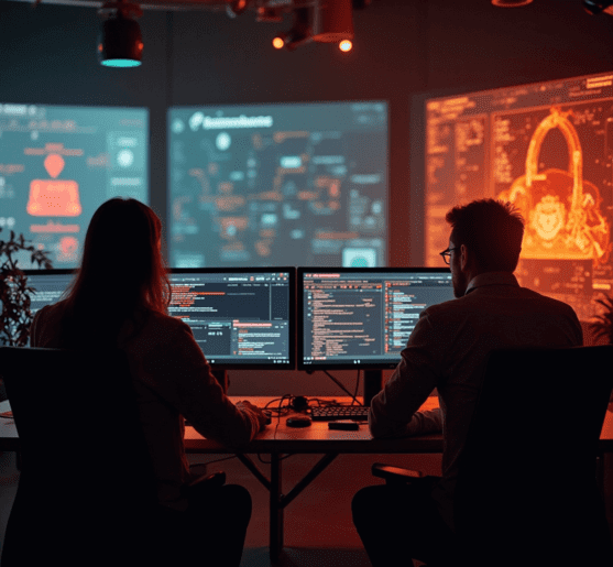 Two cybersecurity professionals analyzing threat data on computer monitors in a security operations center.