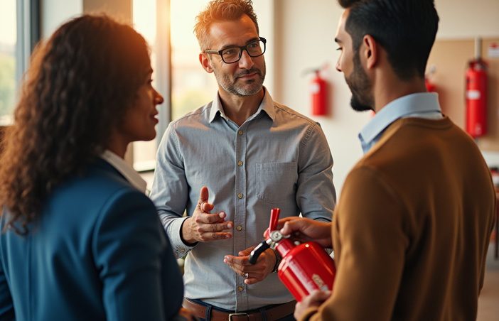 Instructor explaining fire extinguisher use to two office employees during a workplace safety training session.