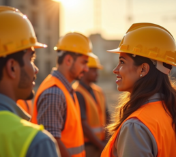 Construction workers wearing safety helmets and reflective vests participating in a site safety training session at sunset.