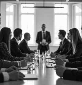 Business meeting with a speaker presenting to a group of professionals seated at a long table, emphasizing collaboration and communication in safety training discussions.