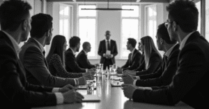 Corporate executives participating in a safety training meeting focused on emergency preparedness and risk management.