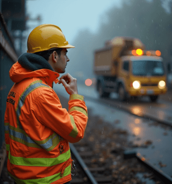 Road worker in a yellow hard hat and orange reflective jacket standing near a work zone at night.