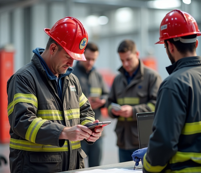 Fire safety team members in red helmets conducting an emergency preparedness drill and reviewing safety protocols on-site.
