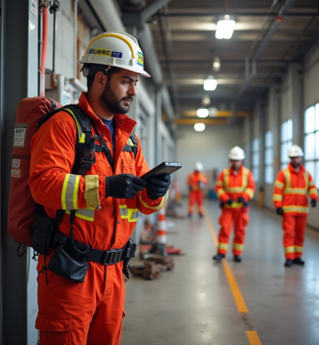 Industrial worker in orange protective gear conducting a safety inspection with a tablet, while crew members operate in the background.