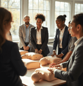 Participants in professional attire engaged in hands-on CPR training with mannequins, emphasizing preparedness for emergency situations in safety training programs.
