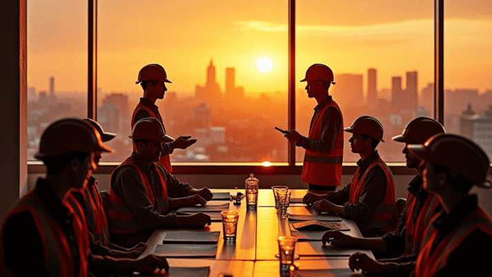 Construction team in safety helmets and vests discussing in a conference room at sunset, emphasizing teamwork and safety training.