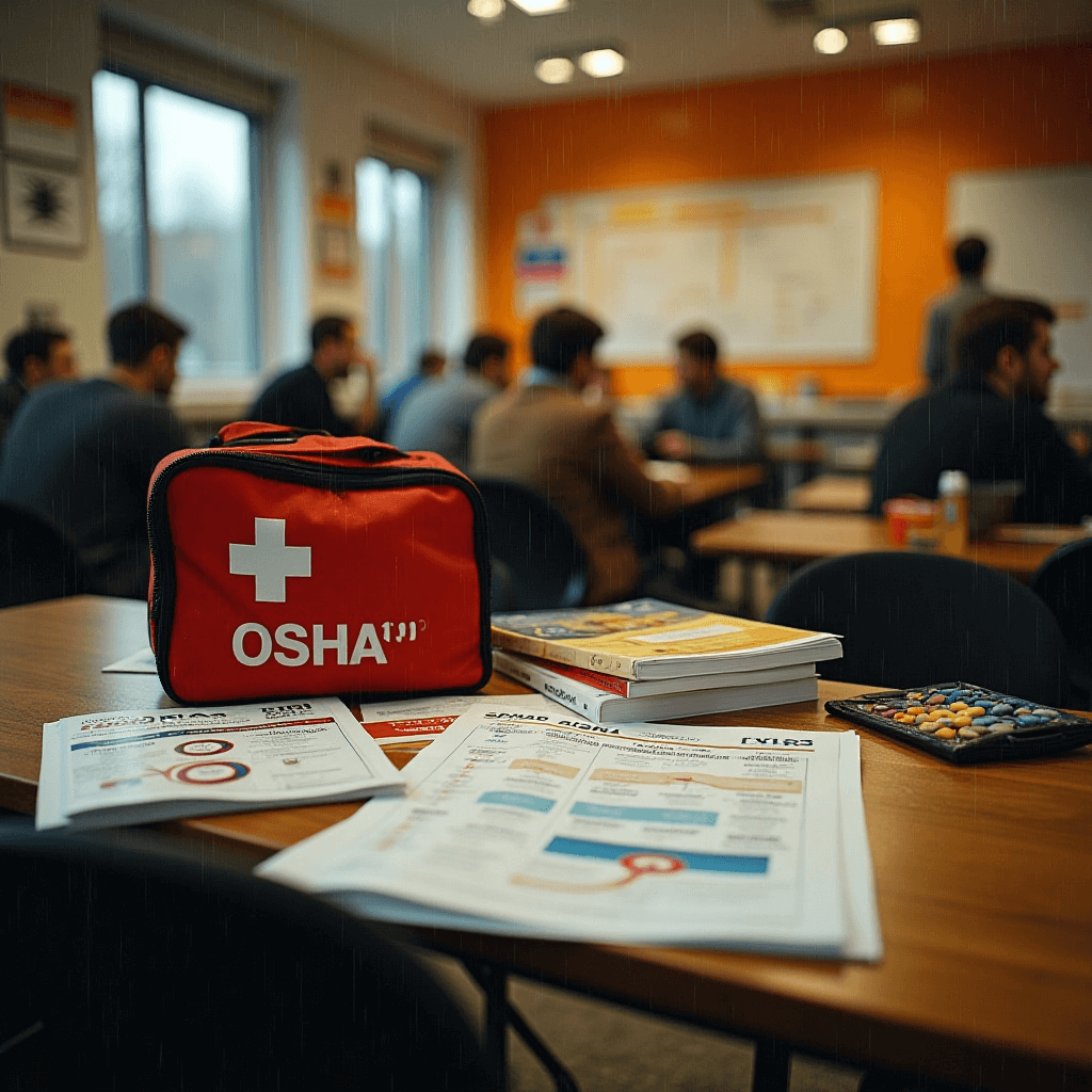 Emergency preparedness training session for banking professionals with OSHA-certified materials