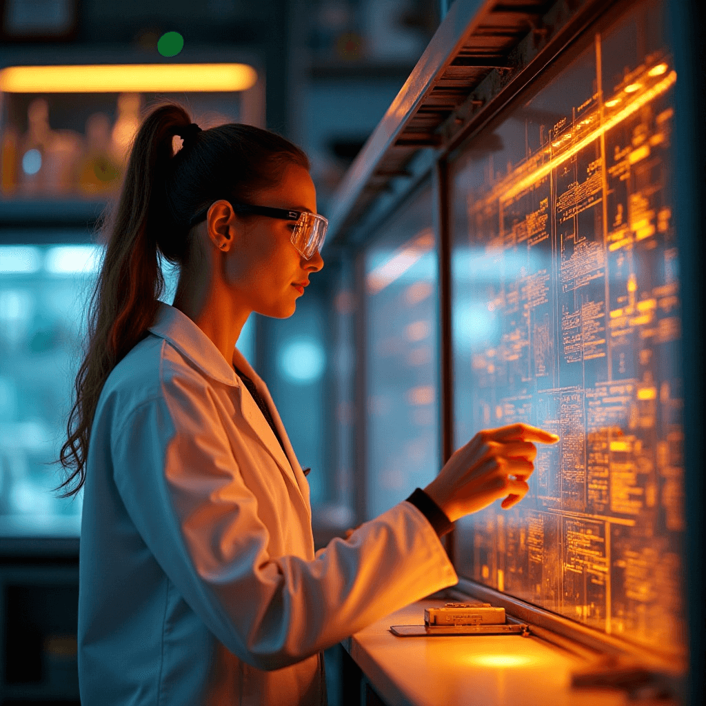 Biotech researcher analyzing digital safety data in high-tech laboratory