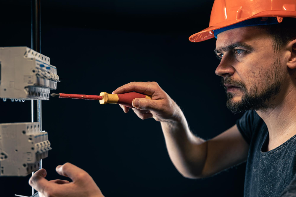 Electrician in hard hat using insulated screwdriver on electrical equipment, emphasizing safety in power industry training.