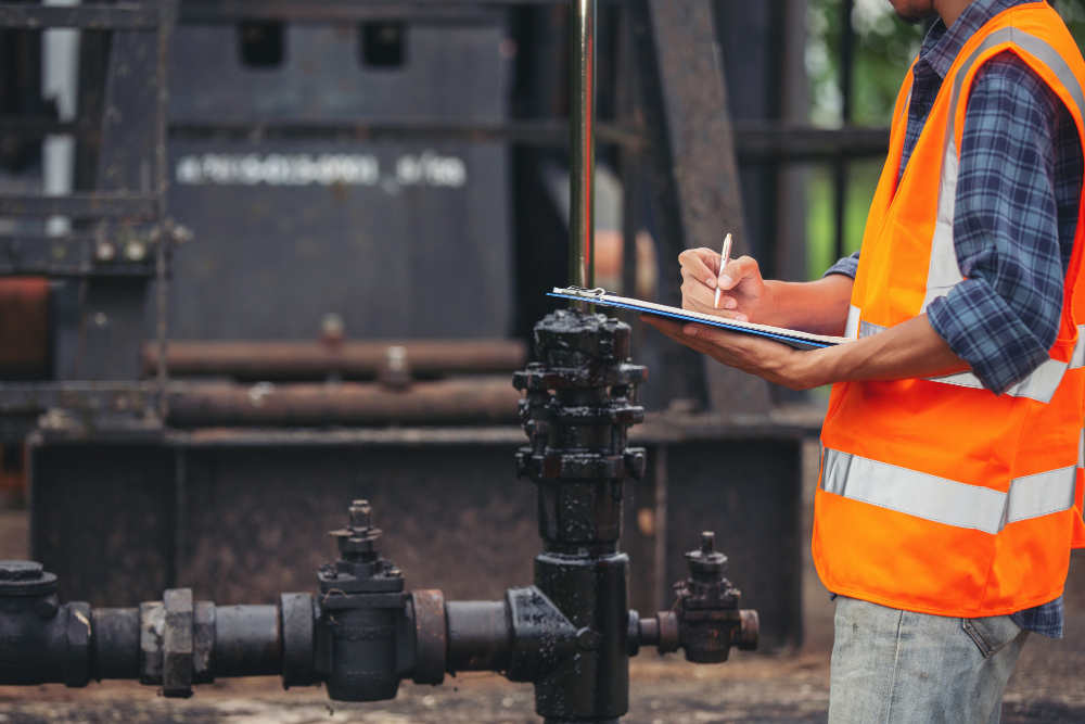 Worker in safety vest inspecting oilfield equipment and taking notes on clipboard, emphasizing hands-on training and safety protocols in oil and gas operations.