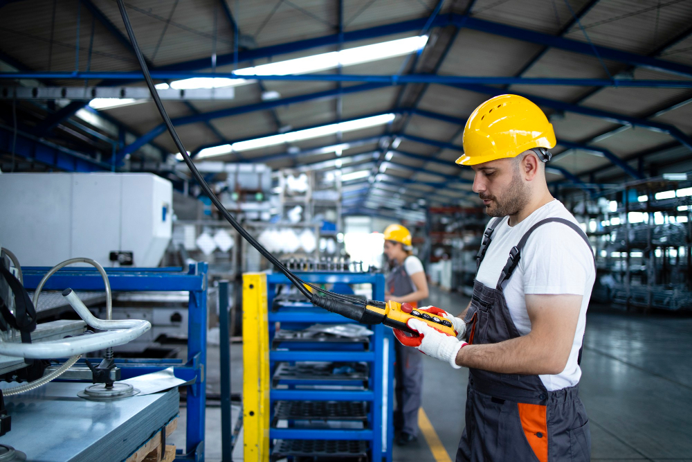 Manufacturing worker wearing helmet using control device in factory.”