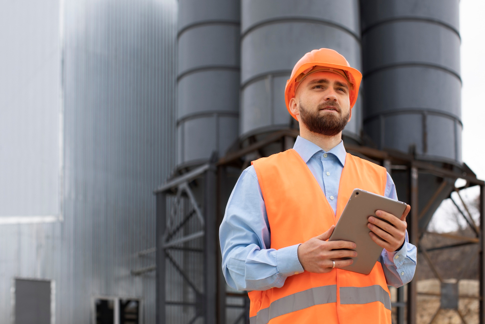 Man in safety gear holding a tablet, standing in front of industrial silos, emphasizing safety training and emergency preparedness in the oil and gas sector.