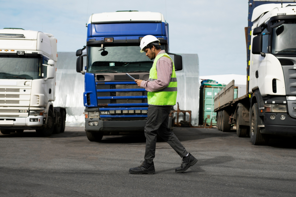 Logistics manager in safety gear inspecting parked trucks in fleet yard.