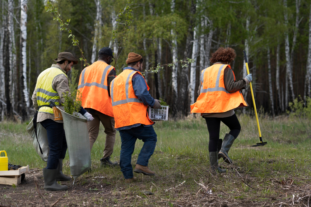 Municipality workers planting trees while wearing safety vests in community project.”