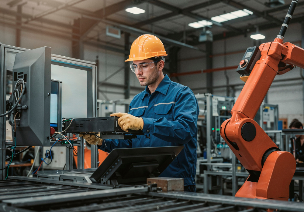 Manufacturing operator working with robotic arm under safety supervision.