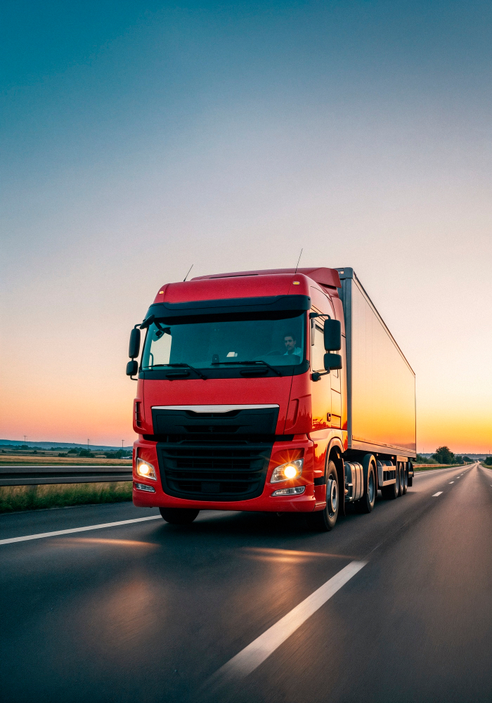 Red semi-truck driving on highway at sunset delivering freight.