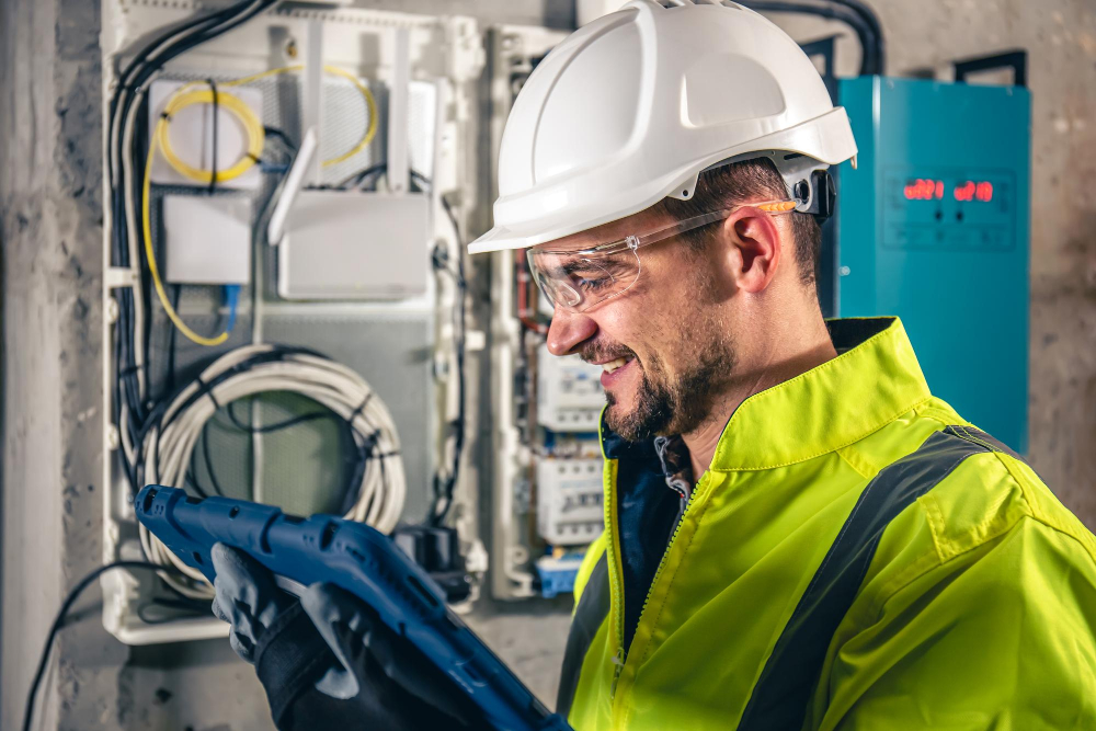 Worker in safety gear using a tablet near electrical equipment, emphasizing hands-on training for power industry safety.