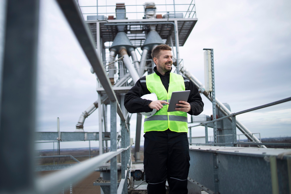 Oil and gas worker in safety vest using tablet on elevated platform, overseeing operations and ensuring safety compliance.