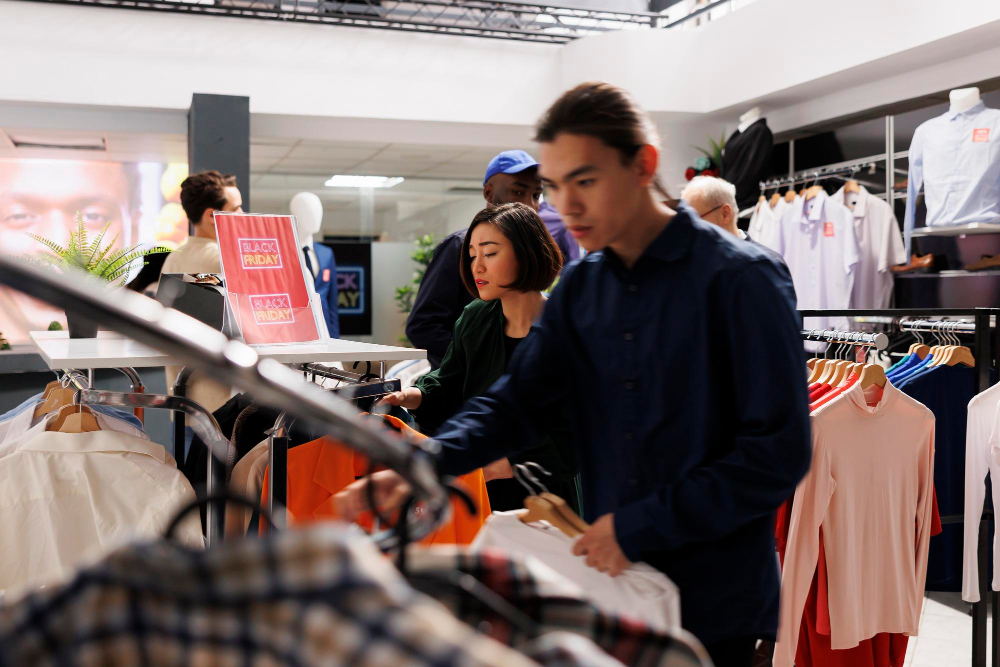 Shoppers exploring retail clothing racks during Black Friday sale | Safety Is A Mindset