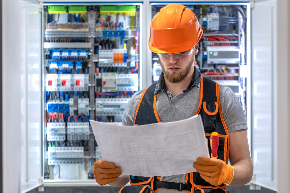Qualified electrician inspecting blueprints in front of electrical panel.”