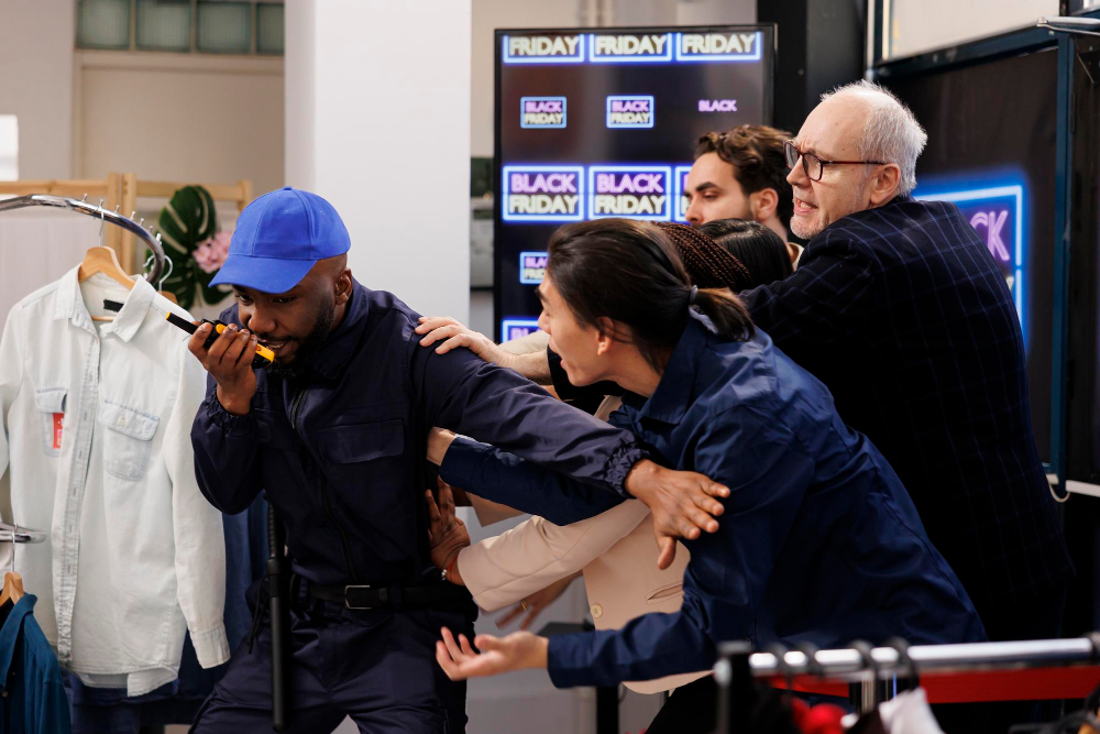 Retail security guard using radio during crowd control situation.