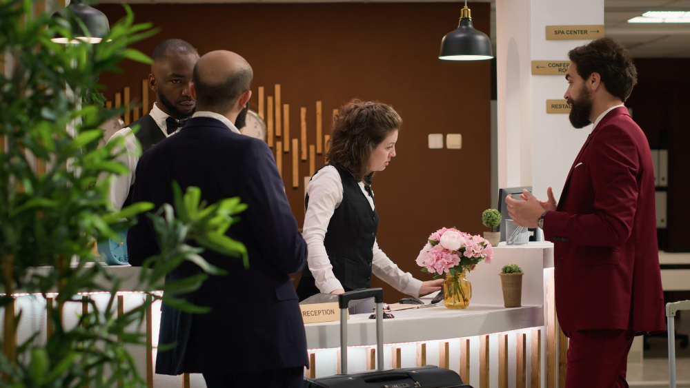 Hotel reception scene with staff assisting guests, emphasizing hospitality and customer service in a welcoming environment, featuring a reception desk, floral arrangement, and luggage.