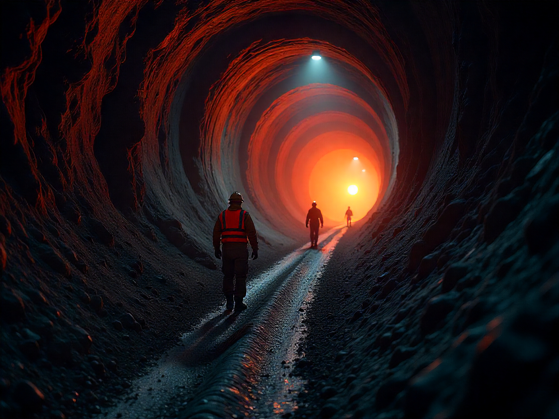 Underground miners walking in illuminated tunnel following safety guidelines.