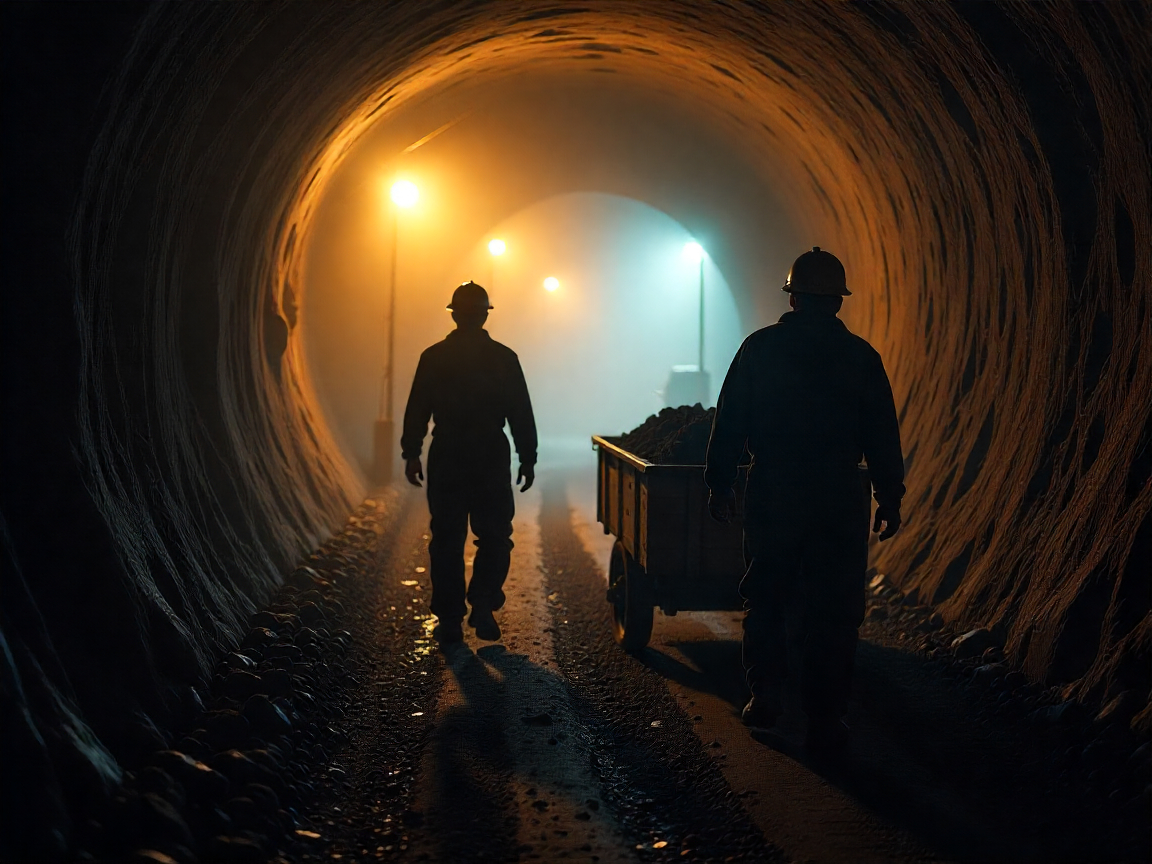Two miners walking inside tunnel with safety helmets and equipment.”