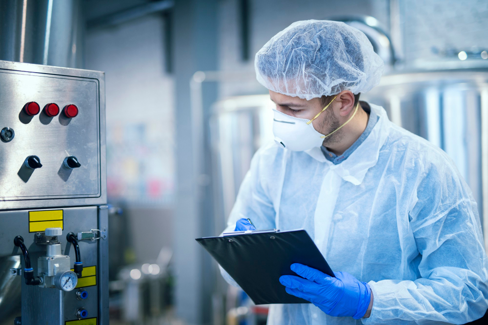 Worker in PPE monitoring safety procedures in food manufacturing – Safety Is A Mindset