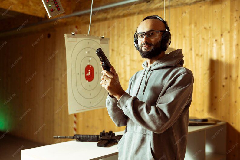 Person in safety gear holding a handgun in a shooting range, with a target visible in the background, illustrating active shooter training and threat assessment concepts.